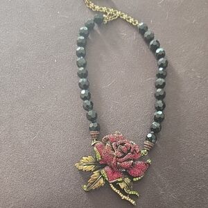 Elegant Red Rose Pendant Necklace with Black Beads